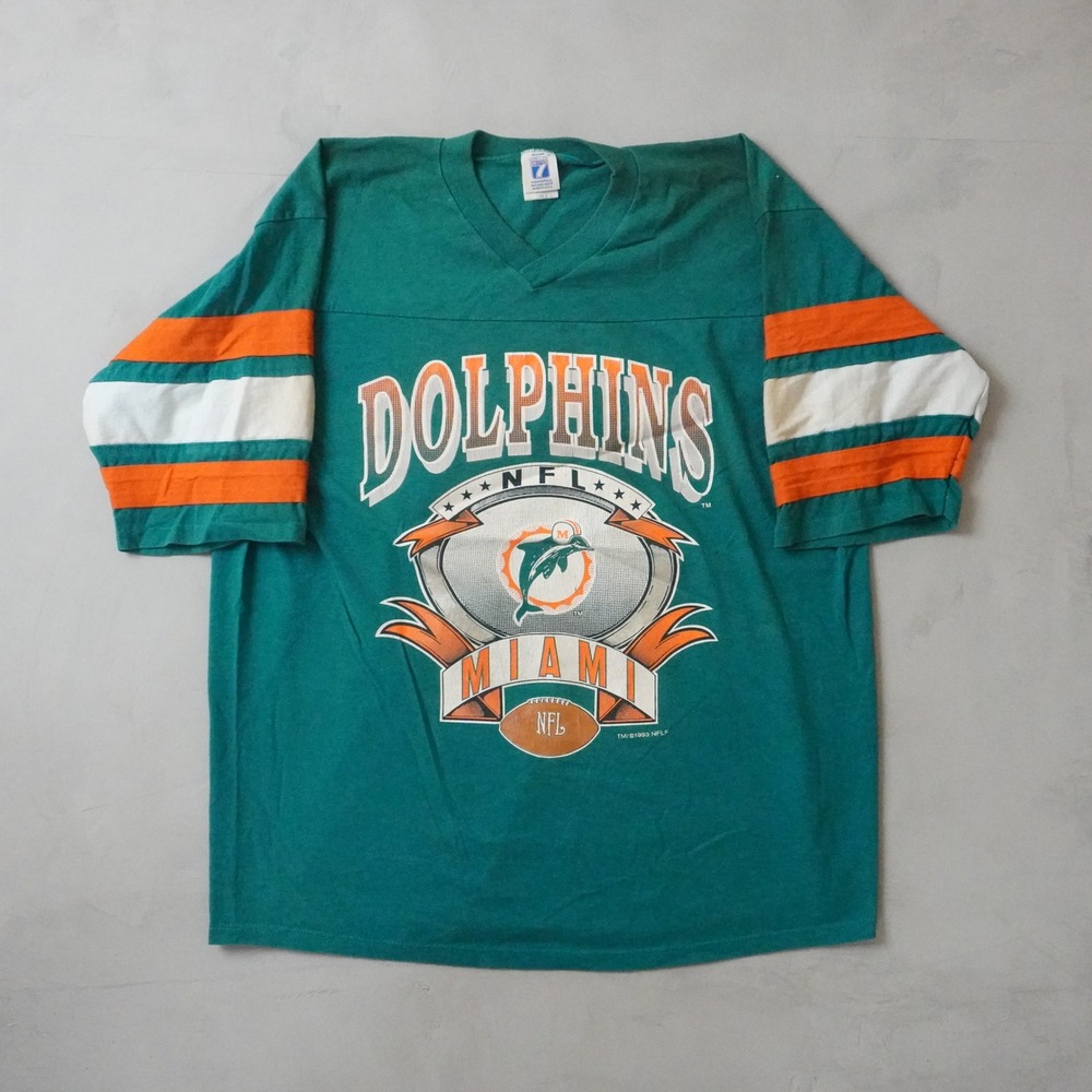 Vintage Logo 7 Miami Dolphins T-Shirt XL Mens 90s Teal NFL Jersey Stripe USA